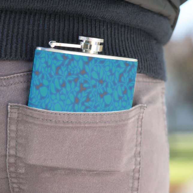 a blue and black background with a pattern hip flask (In Situ)
