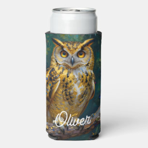 A Blue and Gold Majestic Owl Seltzer Can Cooler