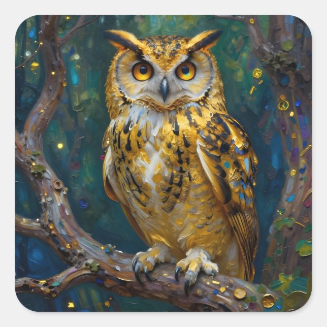 A Blue and Gold Majestic Owl   Square Sticker (Front)