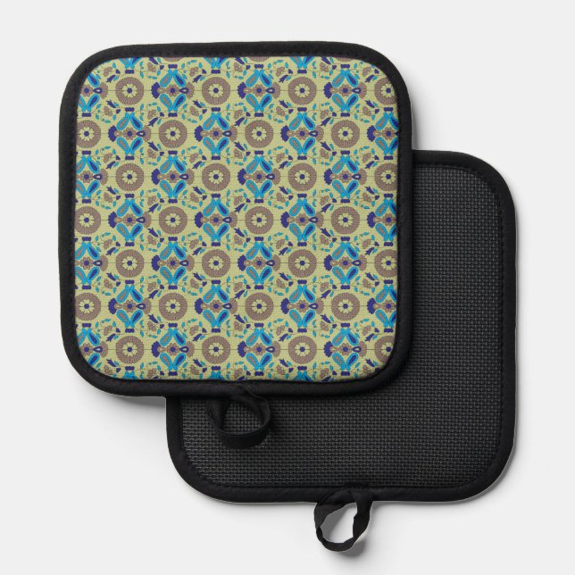 a blue and green pattern on a green background pot holder (Front/Back)