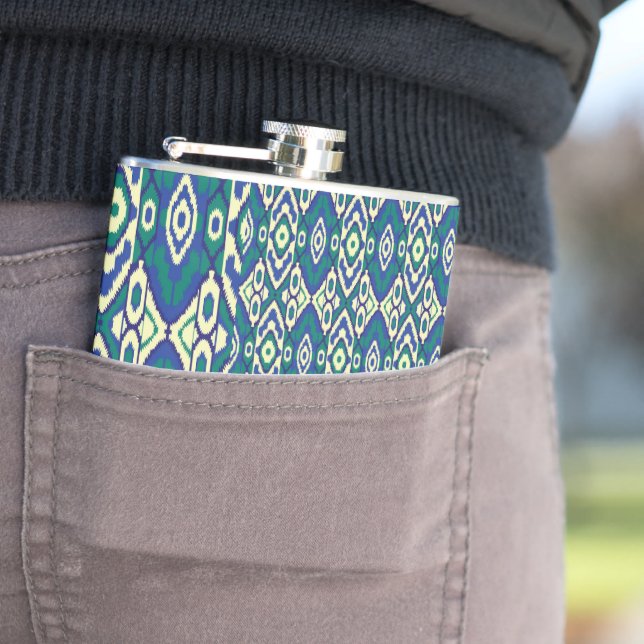a blue and green pattern with a white background hip flask (In Situ)