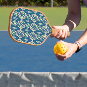 a blue and green pattern with a white background pickleball paddle