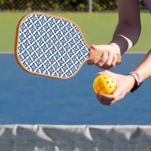 a blue and green pattern with a white background pickleball paddle