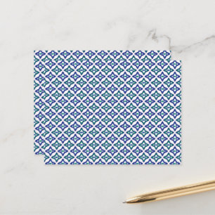a blue and green pattern with a white background postcard