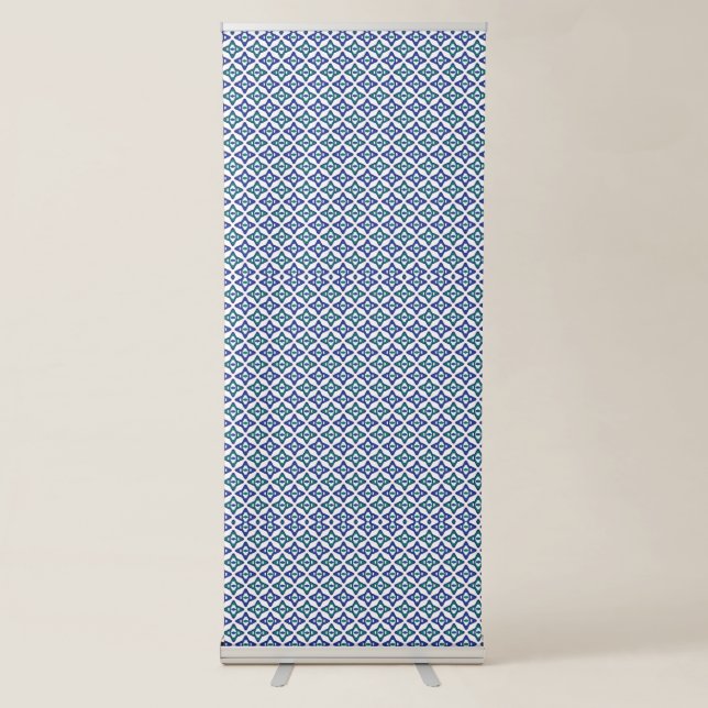 a blue and green pattern with a white background retractable banner (Front)