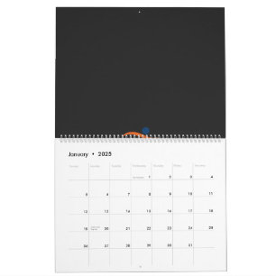 a blue and orange logo with a man running calendar