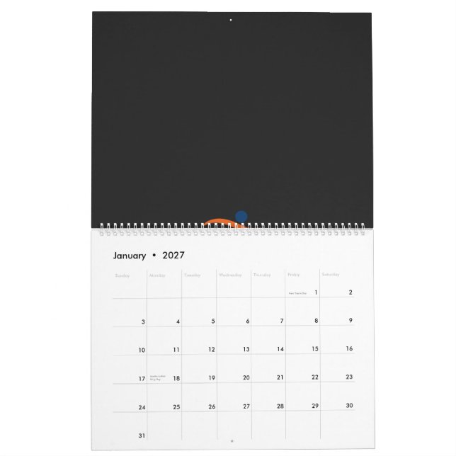 a blue and orange logo with a man running calendar (Jan 2027)