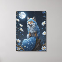 a blue and white fox with flowers and moon