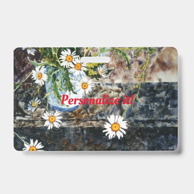 A blue and white pot of daisies on a shelf ID badge (Front)