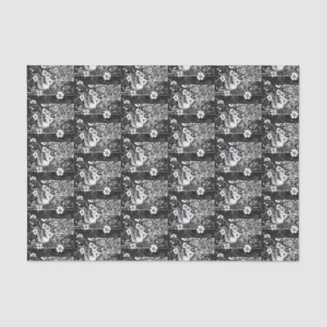 A blue and white pot of wild daisies on a shelf ti tissue paper (Front)