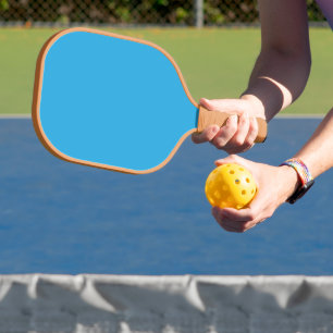 a blue background with a black and white cat pickleball paddle