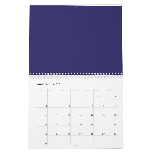 a blue background with a clock on it calendar (Jan 2027)