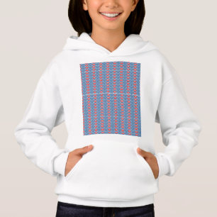 a blue background with red and white designs