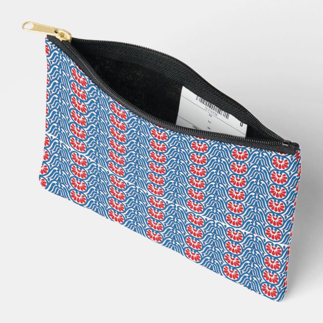 a blue background with red and white designs accessory pouch (Open)