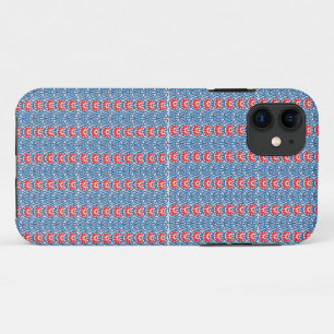 a blue background with red and white designs iPhone 11 case