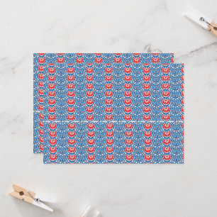 a blue background with red and white designs invitation