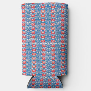 a blue background with red and white designs seltzer can cooler