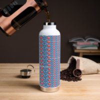 a blue background with red and white designs