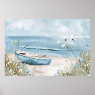 a blue boat on a beach coastal landscape poster