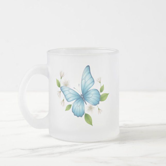 A Blue butterfly frosted glass Mug (Left)