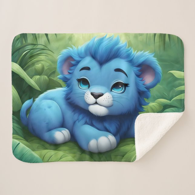 A Blue Lion Cub in the Jungle Sherpa Blanket (Front (Horizontal))