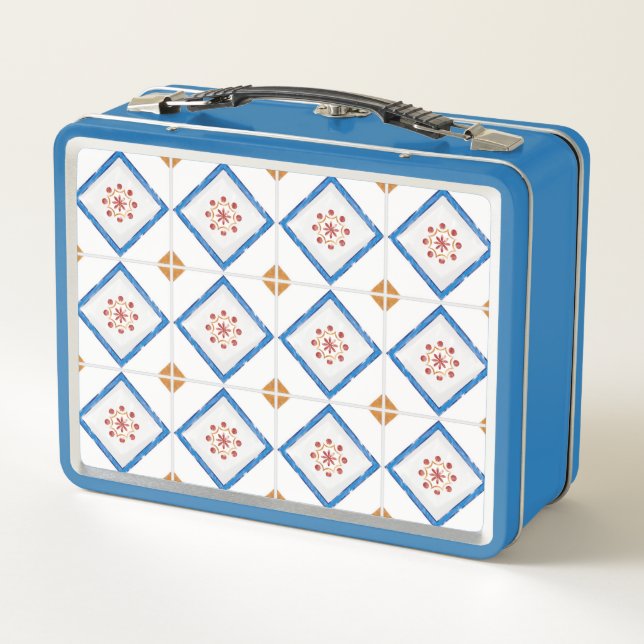 A blue metal lunchbox features a geometric tile  (Back)