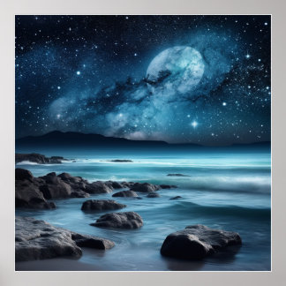 A blue ocean journey beneath a starry sky. poster