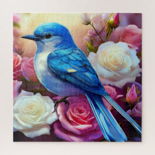 A bluebird perched on a cluster of blooming roses jigsaw puzzle