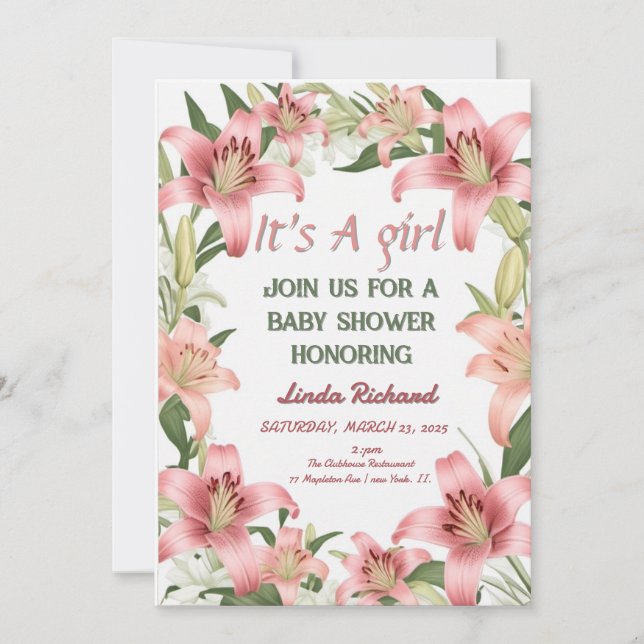 A blush pink floral lace baby shower invitation. invitation (Front)