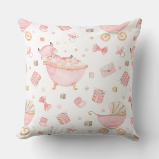 A blush pink fox having pink bubble bath in a tub  cushion