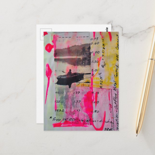 A Boat Mixed Media Collage Pink Yellow Postcard (Front/Back In Situ)