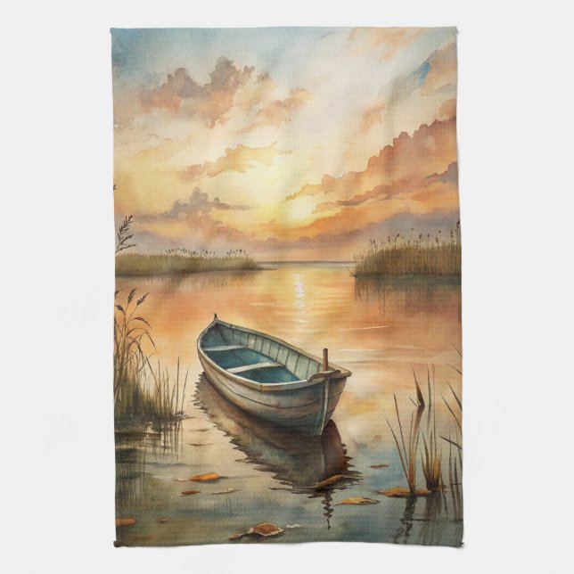 A Boat on the Lake Tea Towel (Vertical)