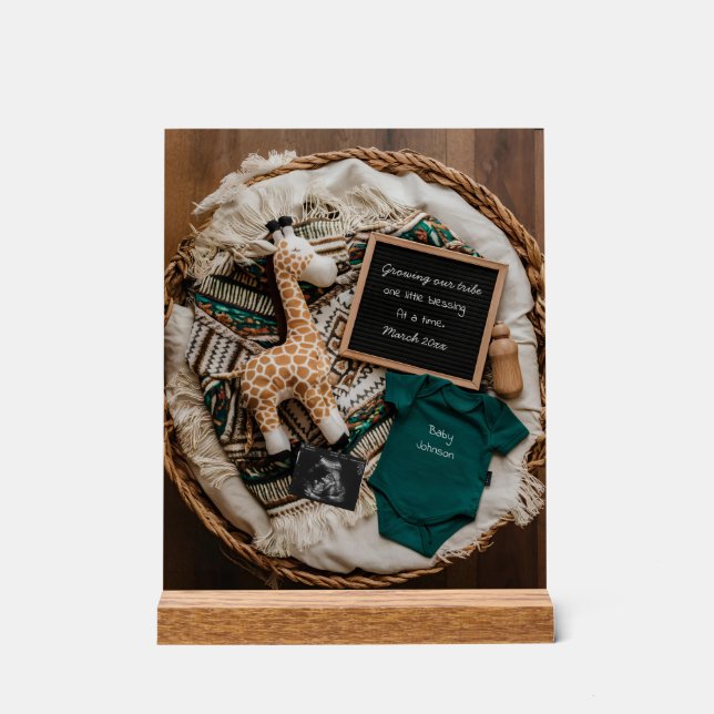 A boho vintage pregnancy announcement fun acrylic sign (Front)