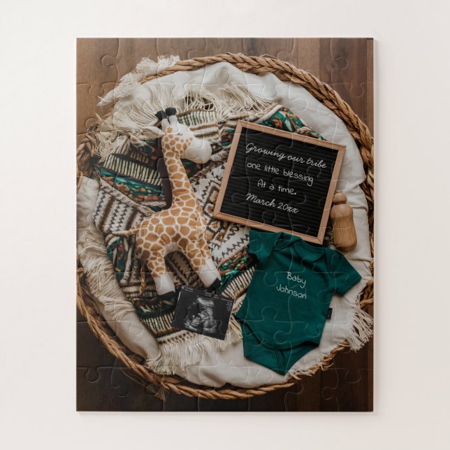 A boho vintage pregnancy announcement fun jigsaw puzzle (Vertical)