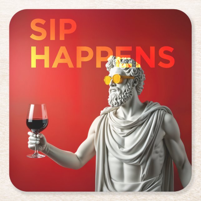 A bold and modern “Sip Happens” coaster (Front)