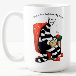 A Book A Day Keeps Reality Away - Reading Cat Art Coffee Mug