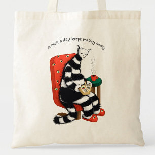 A Book A Day Keeps Reality Away - Reading Cat Art Tote Bag