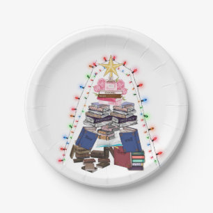 A book Christmas tree and lights for readers Paper Plate