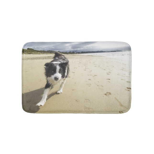 A Border Collie Dog Running On The Beach Bath Mat (Front)