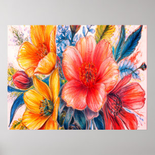 A Bouquet Of Beautiful Blooming Flowers on a Wall Poster