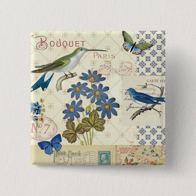 A Bouquet of Blue Flowers, Birds and Butterflies 15 Cm Square Badge (Front)
