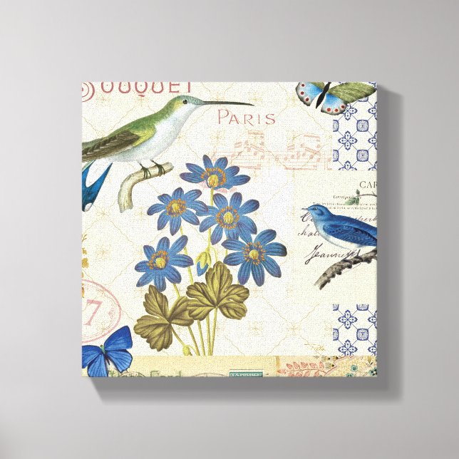 A Bouquet of Blue Flowers, Birds and Butterflies Canvas Print (Front)