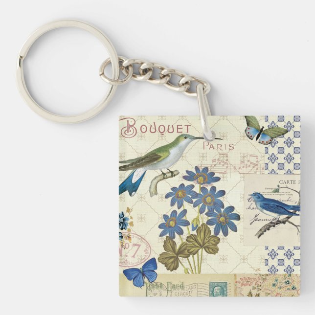 A Bouquet of Blue Flowers, Birds and Butterflies Key Ring (Front)