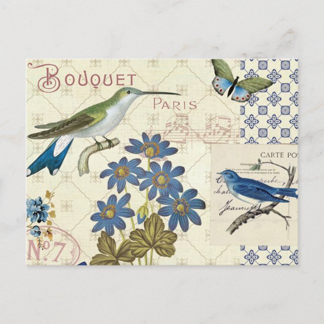 A Bouquet of Blue Flowers, Birds and Butterflies Postcard (Front)