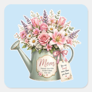 A bouquet of flowers in a watering can for mom  square sticker