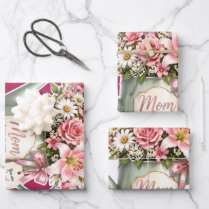 A bouquet of flowers in a watering can for mum wrapping paper sheet
