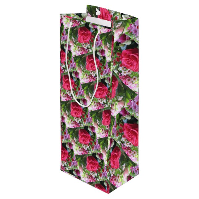 A Bouquet of Flowers Including Red Roses Wine Gift Bag (Back Angled)