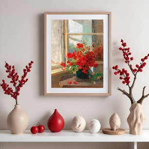A bouquet of poppies by the window poster