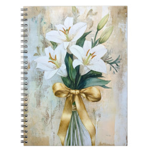 A bouquet of white lilies tied with a gold ribbon. notebook