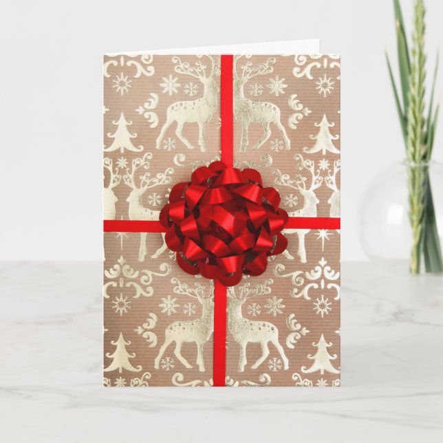 A bow and ribbon on Christmas wrapping paper Holiday Card (Front)